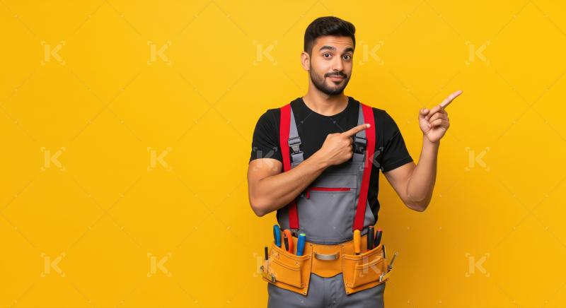 A confident maintenance worker in overalls and toolbelt points w
