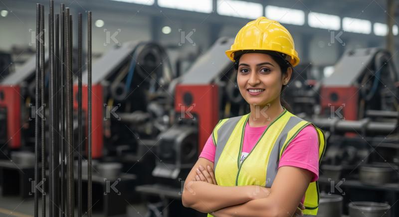 A confident female engineer in a yellow helmet and safety vest s