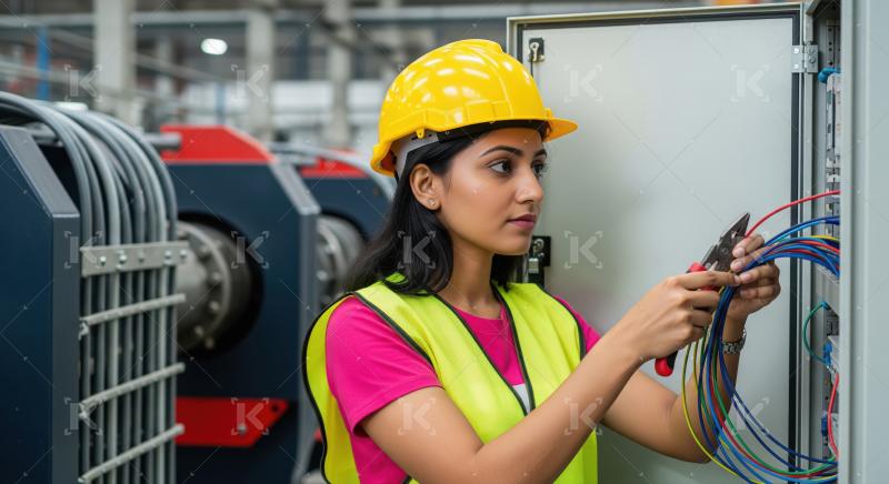 A confident female engineer in a yellow helmet and safety vest s