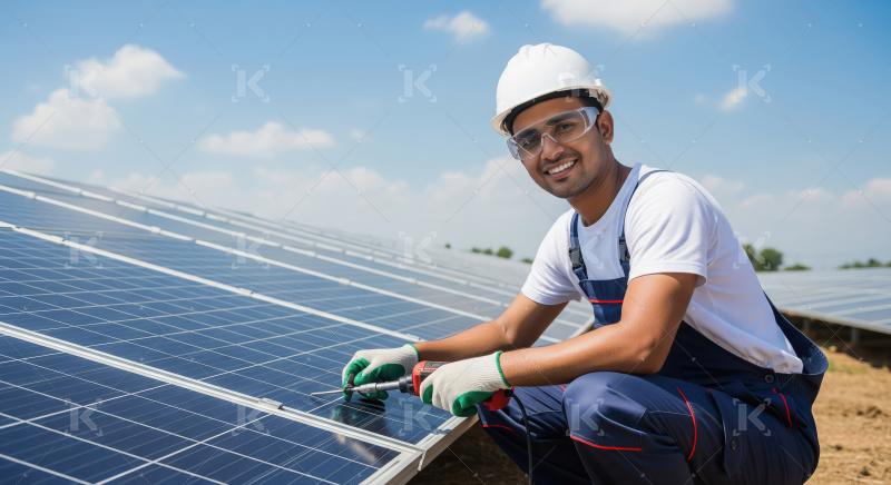 Happy indian man working on solar panel