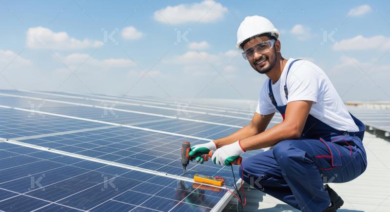 Happy indian man working on solar panel