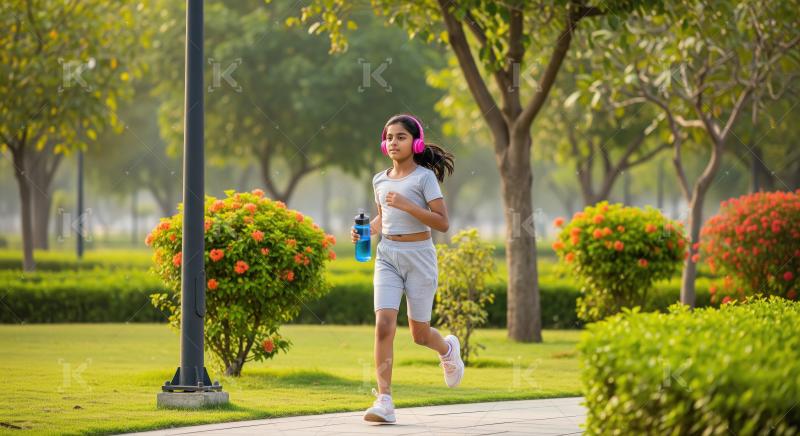 Little girl in athletic attire jogs through a sunny park, wearin