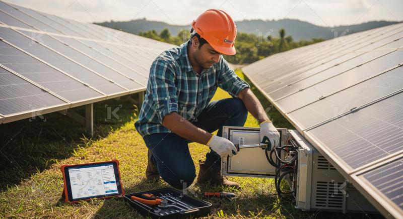 Happy indian man working on solar panel