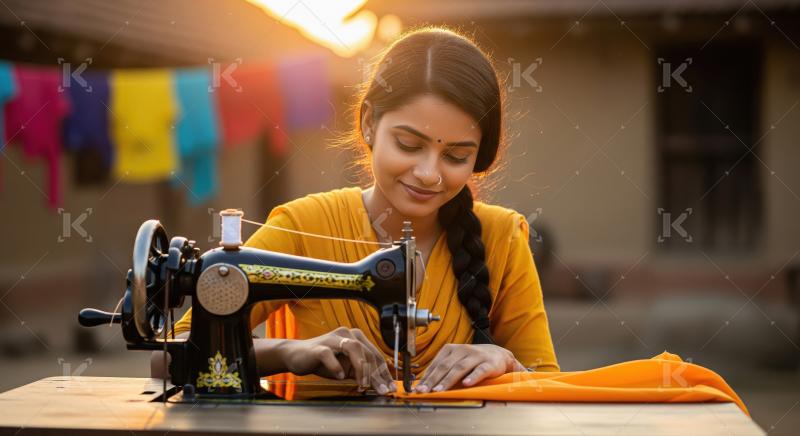 Happy indian rural woman working on sewing machine