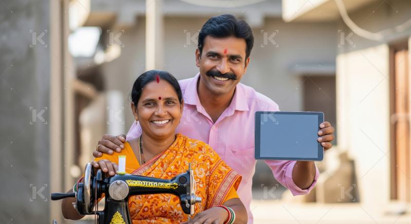 A smiling rural couple sits with a traditional sewing machine an