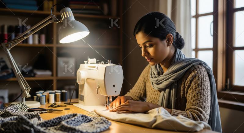 Happy indian rural woman working on sewing machine