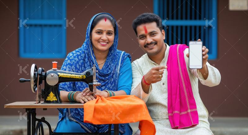 A smiling rural couple sits with a traditional sewing machine an