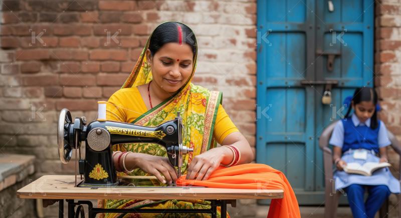 Happy indian rural woman working on sewing machine