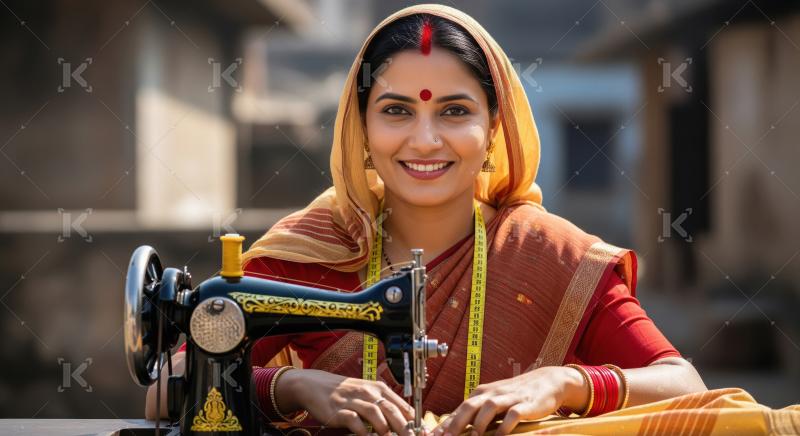 Happy indian rural woman working on sewing machine
