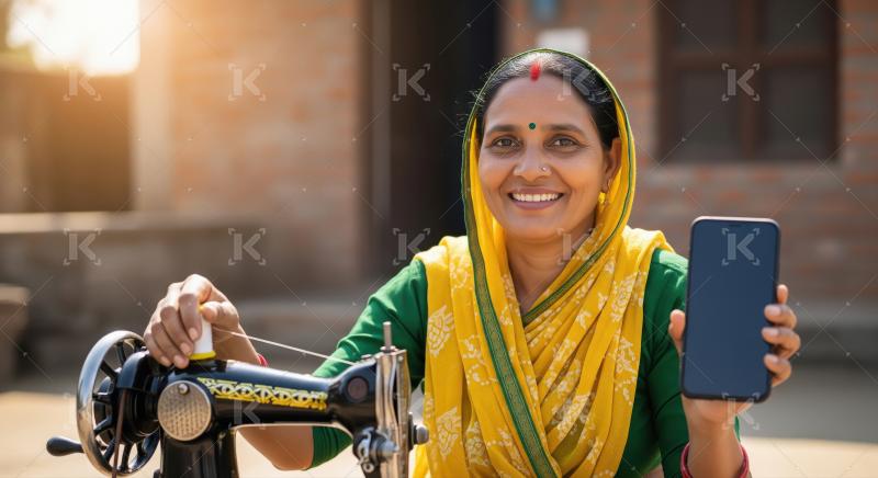 Happy indian rural woman working on sewing machine