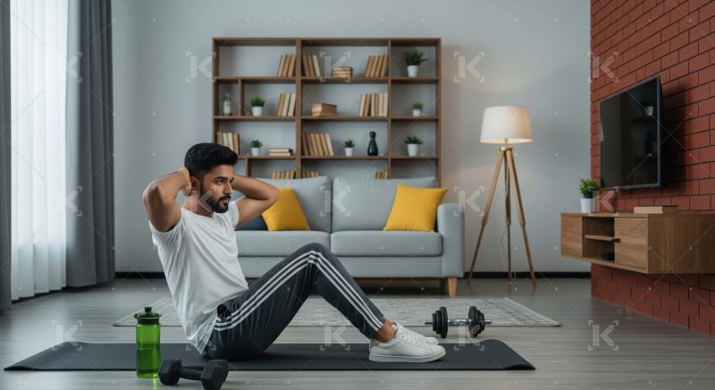 A man performs sit-ups on a mat in a stylish living room, surrou