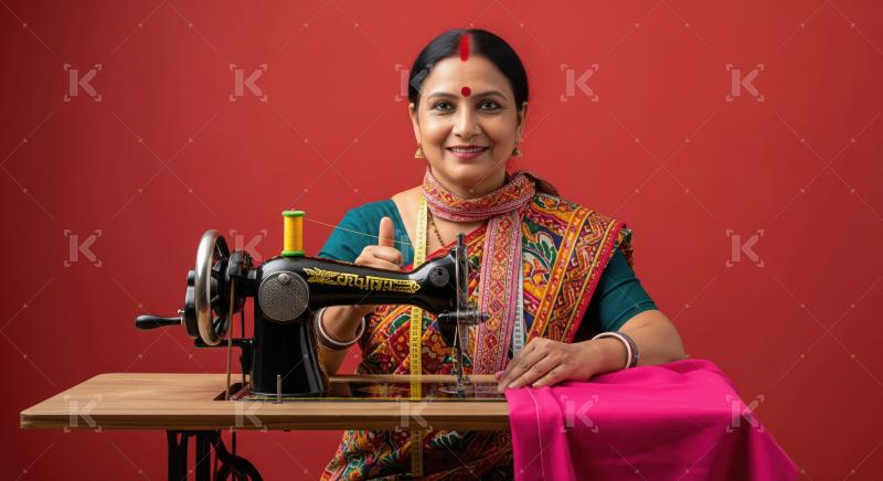 Happy indian rural woman working on sewing machine