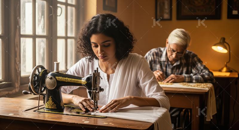 A dedicated artisan in white hand-sews fabric using a vintage se