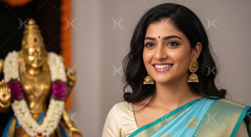 A stylish young woman poses, highlighted by gold jhumka earrings