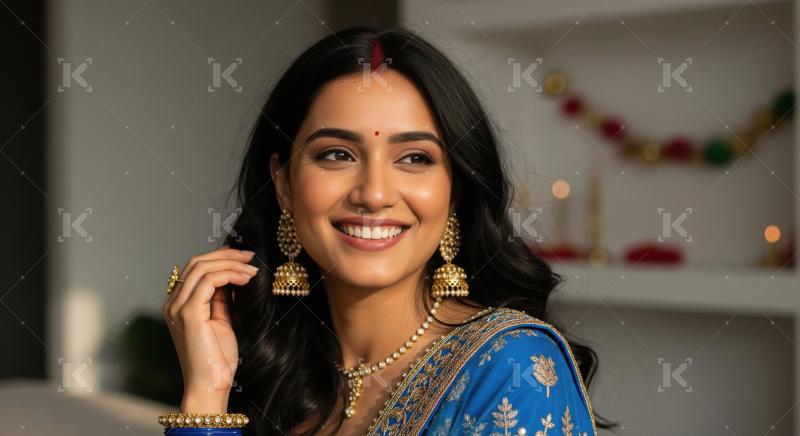 A stylish young woman poses, highlighted by gold jhumka earrings