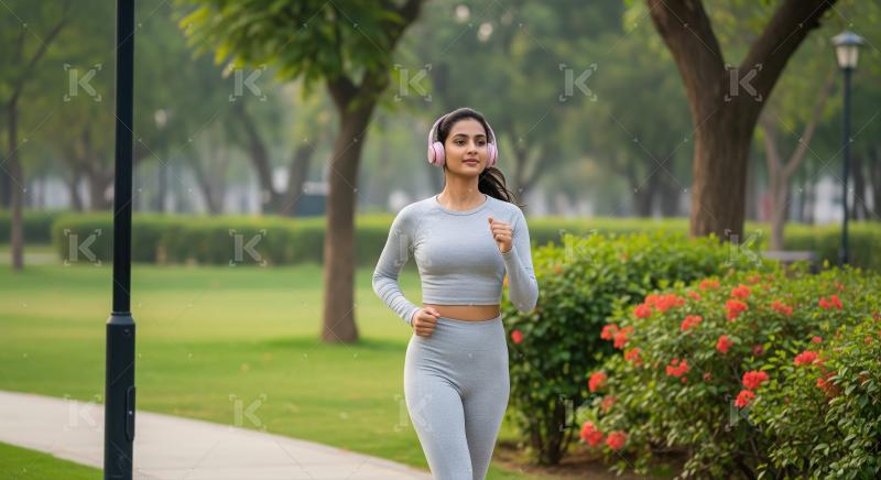 A young woman in grey athletic wear jogs in a lush park, listeni