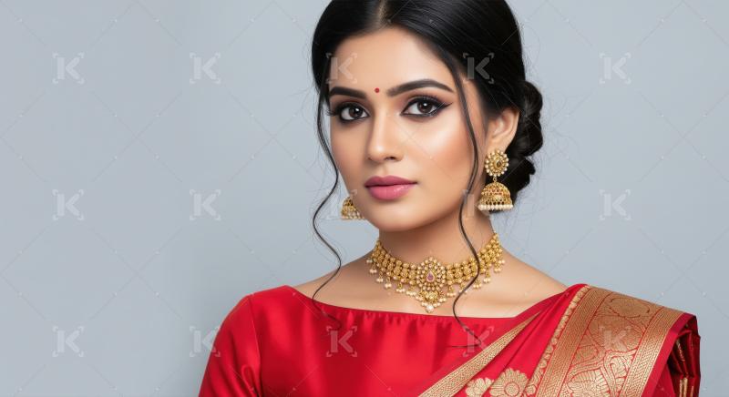 A stylish young woman poses, highlighted by gold jhumka earrings