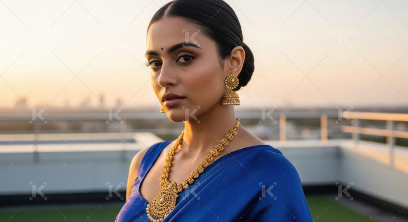 A stylish young woman poses, highlighted by gold jhumka earrings