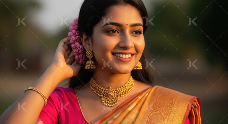 Young beautiful indian woman in traditional saree and wearing go