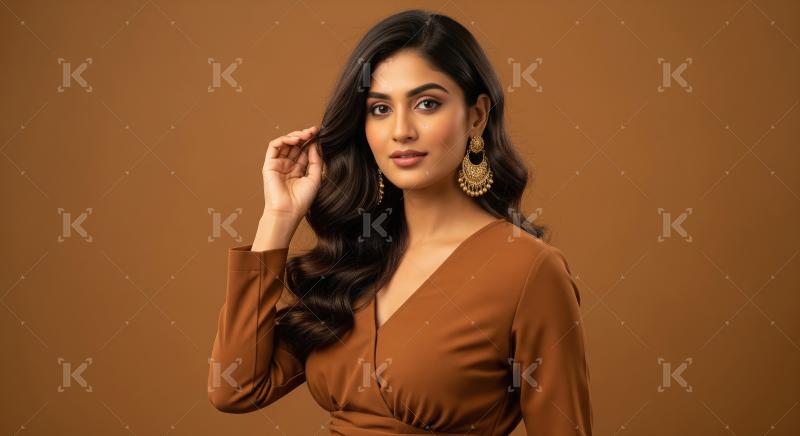 A stylish young woman poses, highlighted by gold jhumka earrings