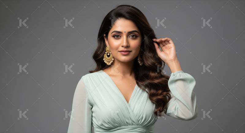 A stylish young woman poses, highlighted by gold jhumka earrings