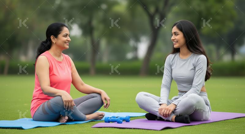 Two women sit cross-legged on yoga mats in a park, engaged in ca