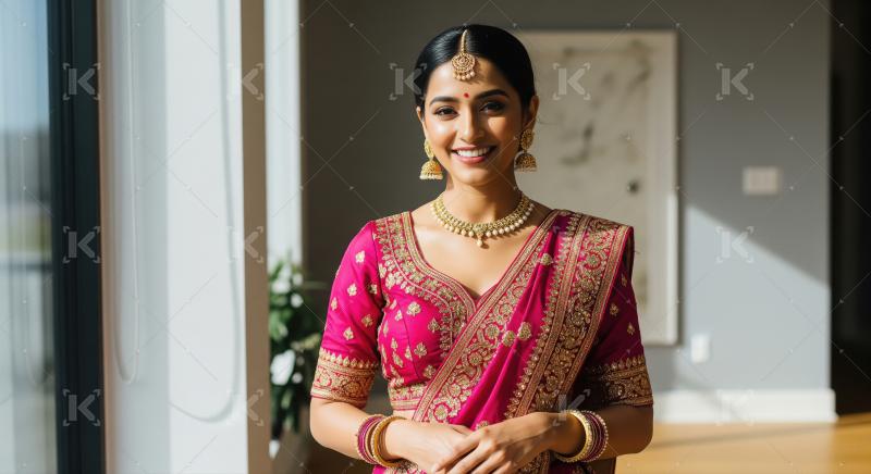 Young beautiful indian woman in traditional saree and wearing go