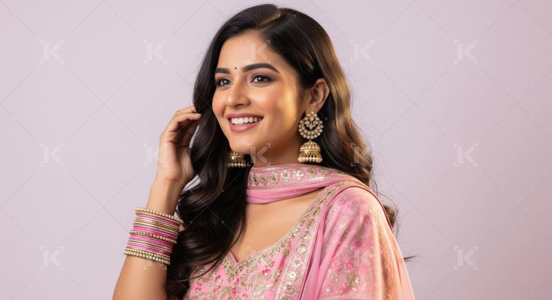 A stylish young woman poses, highlighted by gold jhumka earrings