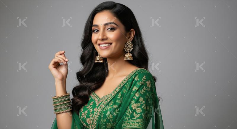 A stylish young woman poses, highlighted by gold jhumka earrings