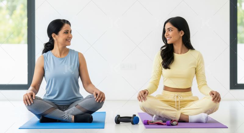 Two women sit cross-legged on yoga mats in a park, engaged in ca