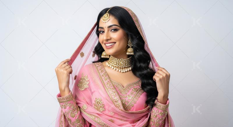 A stylish young woman poses, highlighted by gold jhumka earrings