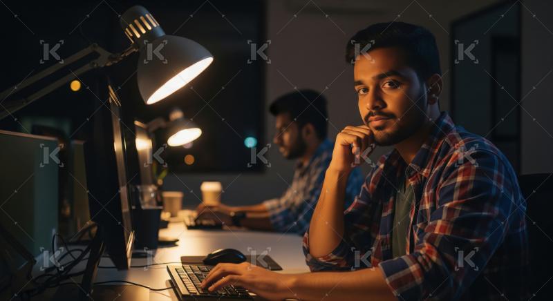 Young professional works late at night in a modern office, illum