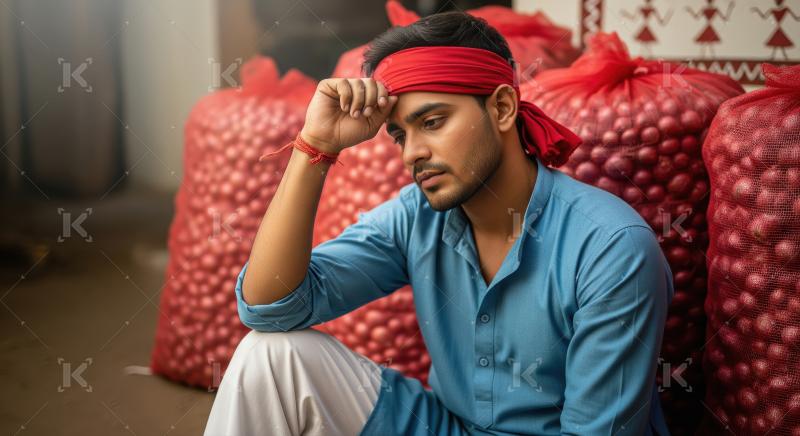 A young farmer wearing a red headband and blue kurta sits though