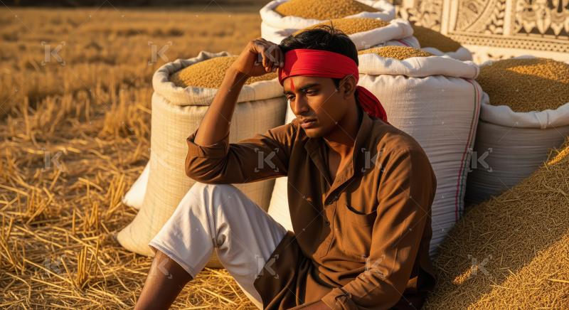 A young farmer wearing sits thoughtfully beside large sacks of h