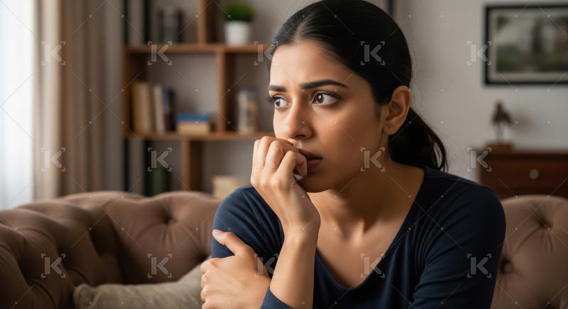 A thoughtful Indian woman sits indoors with a pensive expression