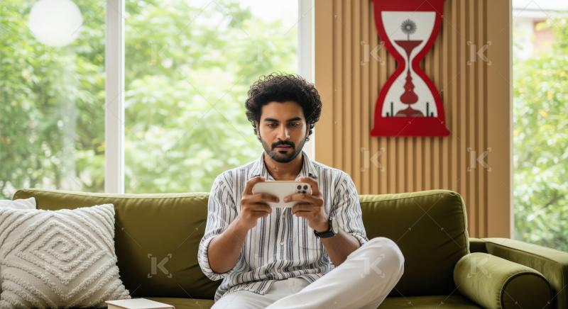 Young indian man playing game on smartphone at home