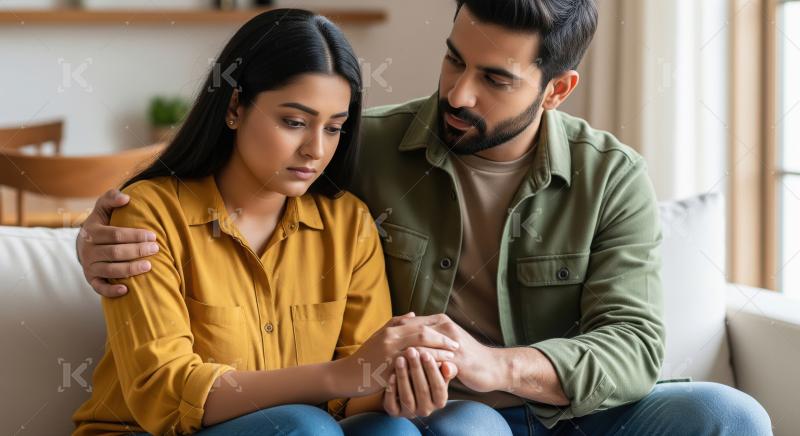 A South Asian couple, capturing intimacy and support as they sit