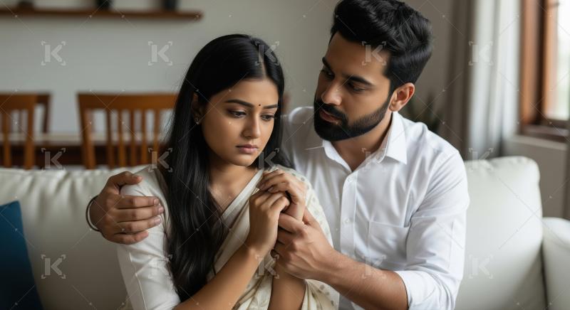 A South Asian couple, capturing intimacy and support as they sit