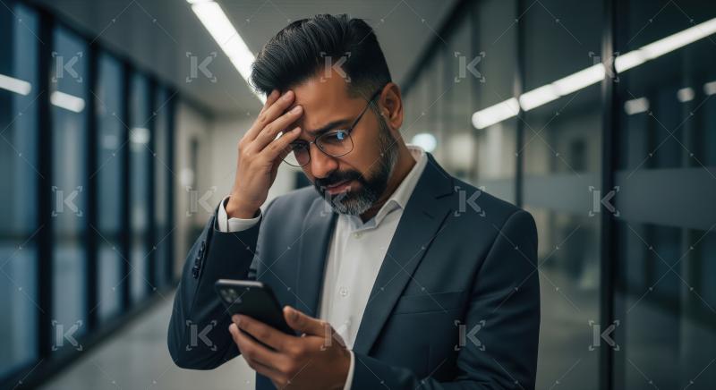 Indian corporate man holding smartphone and giving sad expressio