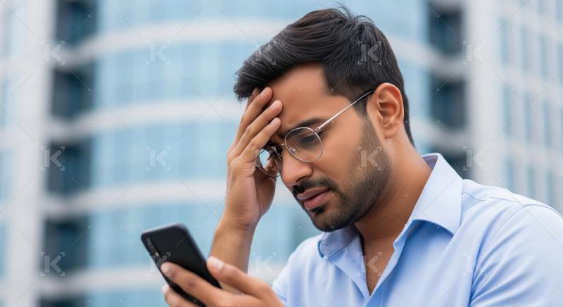 Indian corporate man holding smartphone and giving sad expressio
