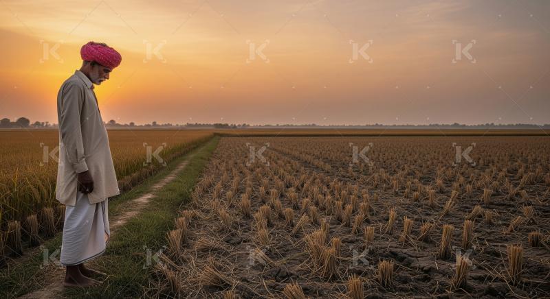 Sad indian farmer standing at agriculture field