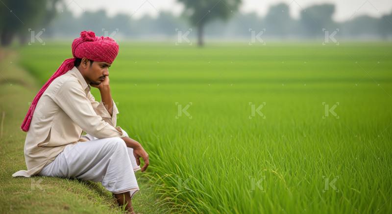Young Indian farmer in traditional attire, sitting alone at the