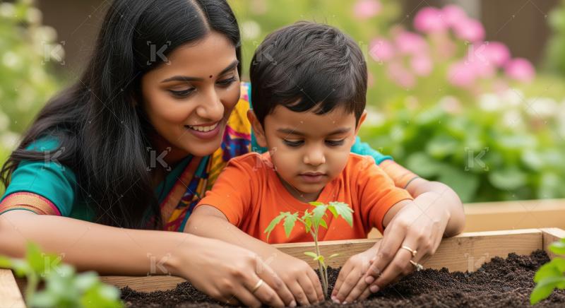 A woman and a young boy gently plant a small seedling together i