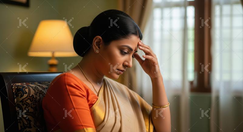A thoughtful Indian woman sits indoors with a pensive expression