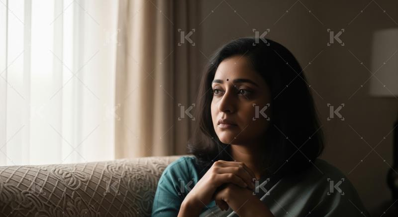 A thoughtful Indian woman sits indoors with a pensive expression