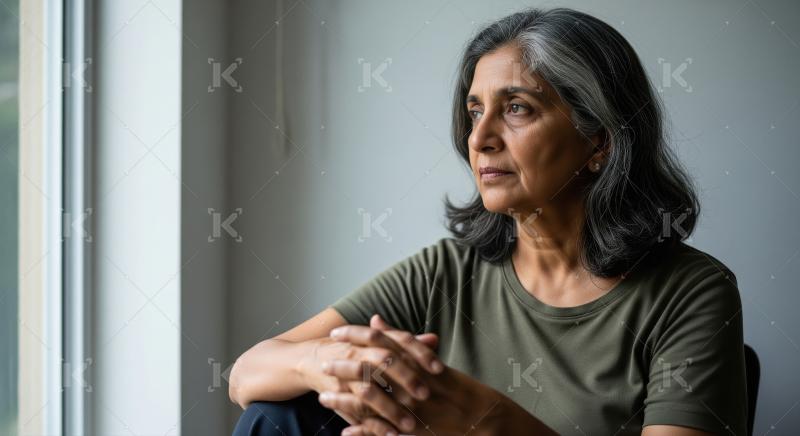 A thoughtful Indian woman sits indoors with a pensive expression