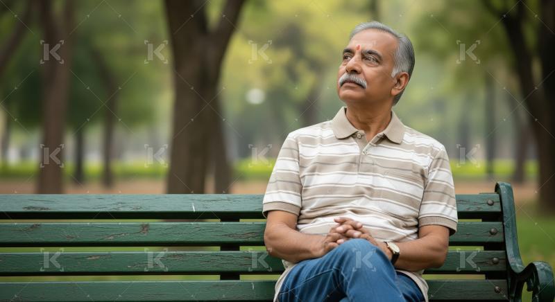 Senior Indian man, dressed casually in a striped shirt and sitti