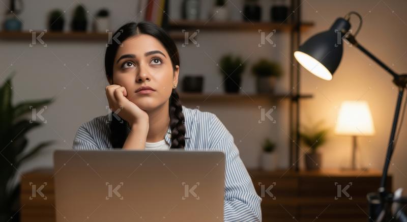 A thoughtful young Indian woman, likely a student, sits at her d