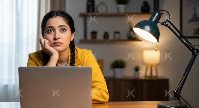 A thoughtful young Indian woman, likely a student, sits at her d