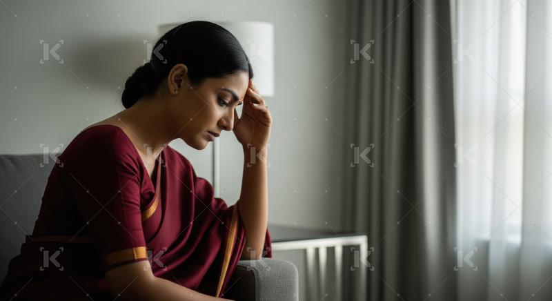 A thoughtful Indian woman sits indoors with a pensive expression